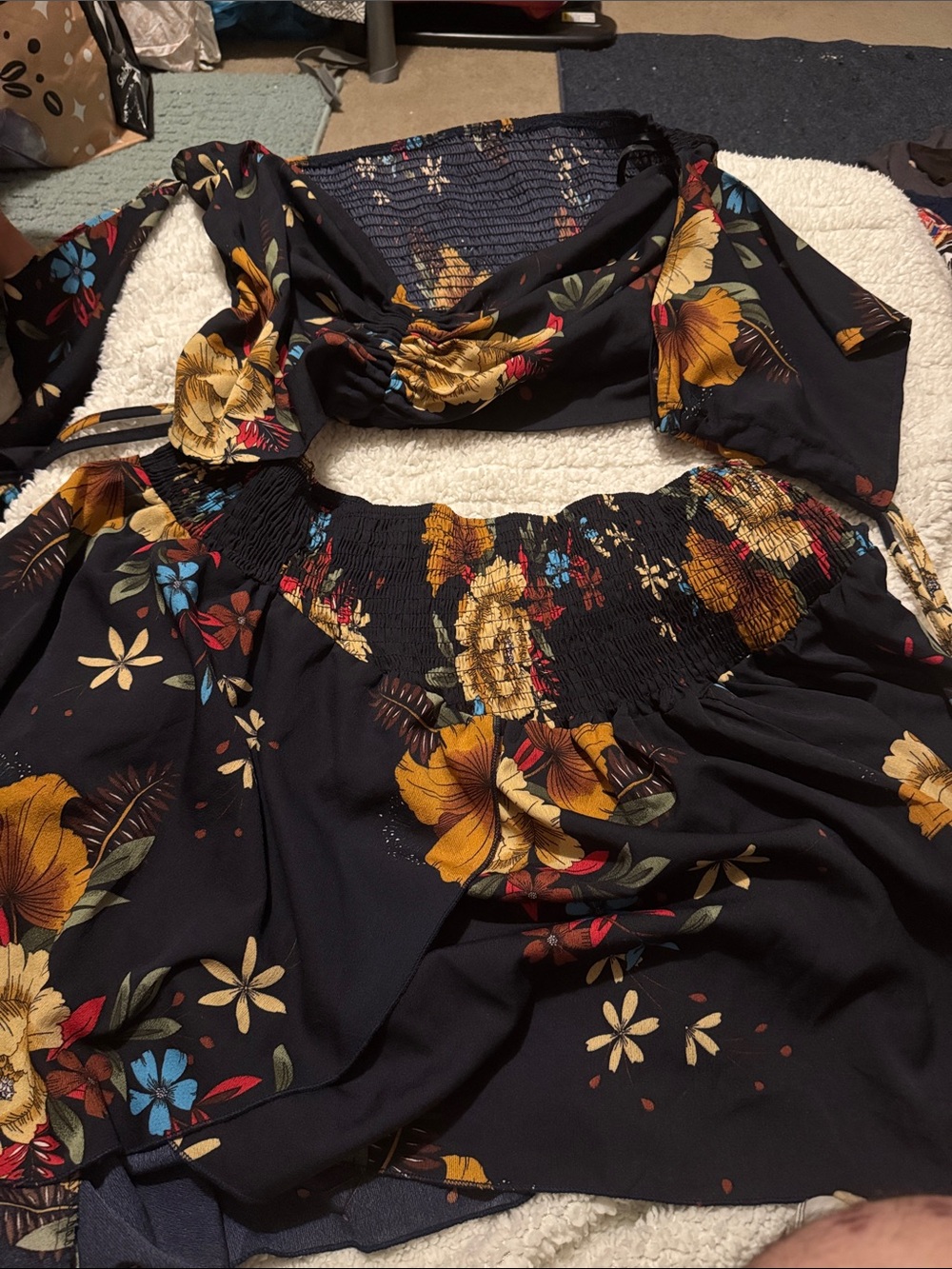 SHEIN Navy Floral Two-Piece Skirt Set with Yellow Blooms
